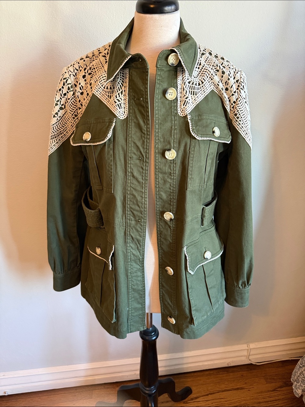 Veronica Beard Olive Green Utility Jacket with Cream Crochet Yoke